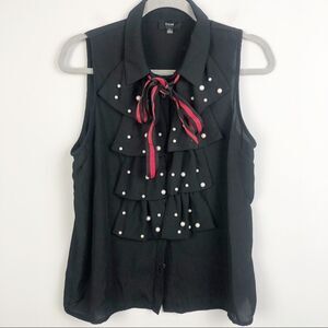 DICE | Pearl Embellished Black Sleeveless Button Down Shirt Ruffles Tie Neck L